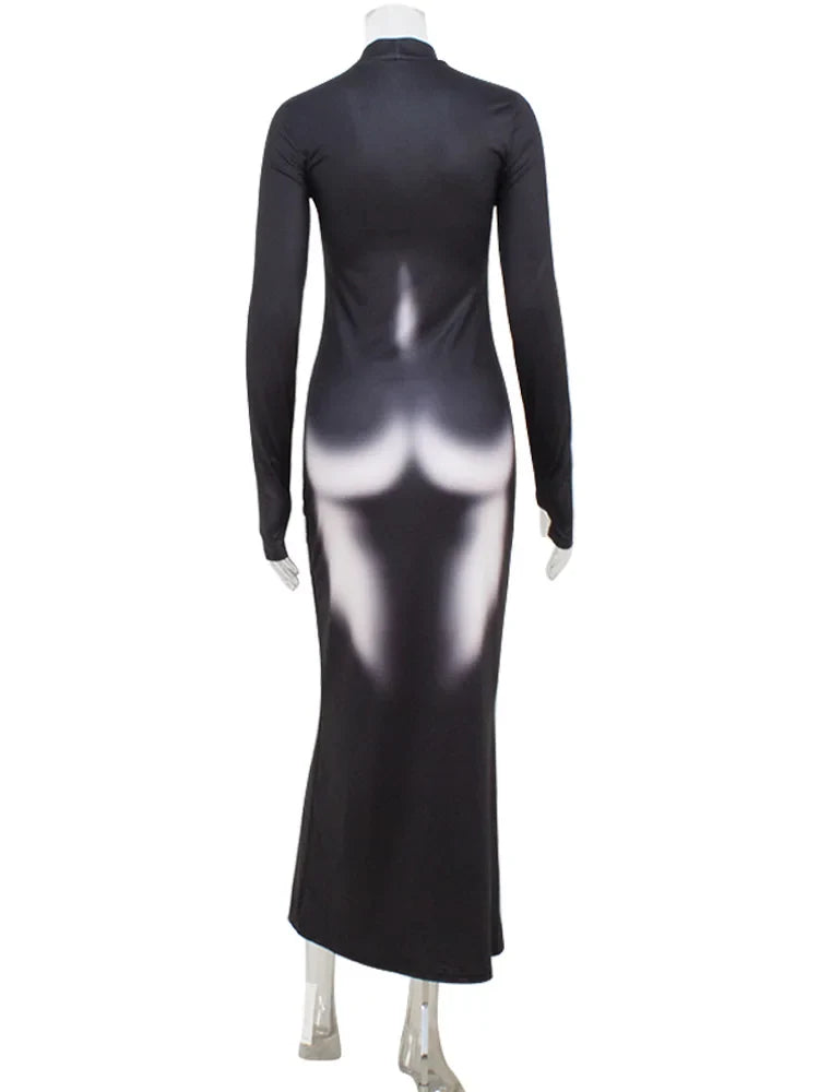 Black Illusion Body-Print Maxi Dress – Sleek Turtleneck Glam