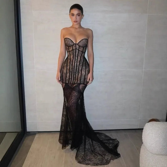 Lace Corset Mesh Maxi Dress with Detachable Hem