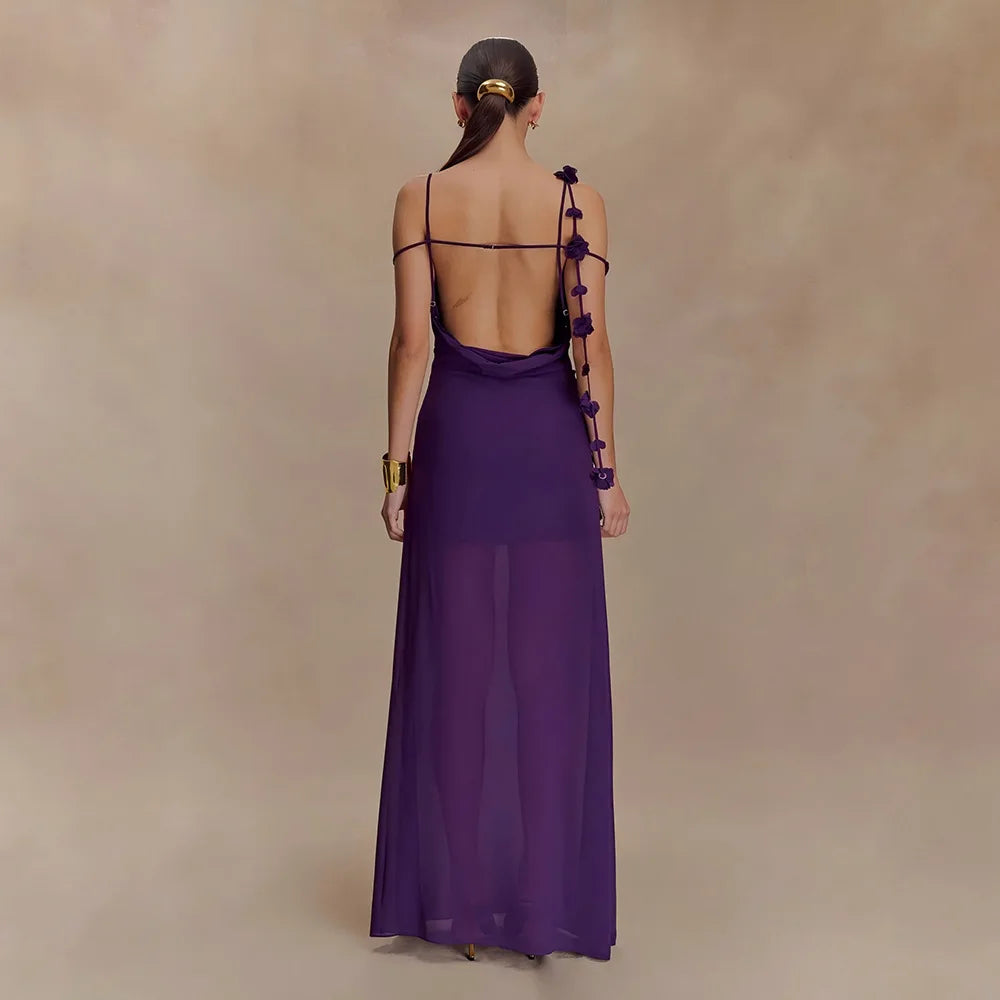 Solid Cowl Neck Chiffon Gown | Backless Tie-Flower Slip Dress