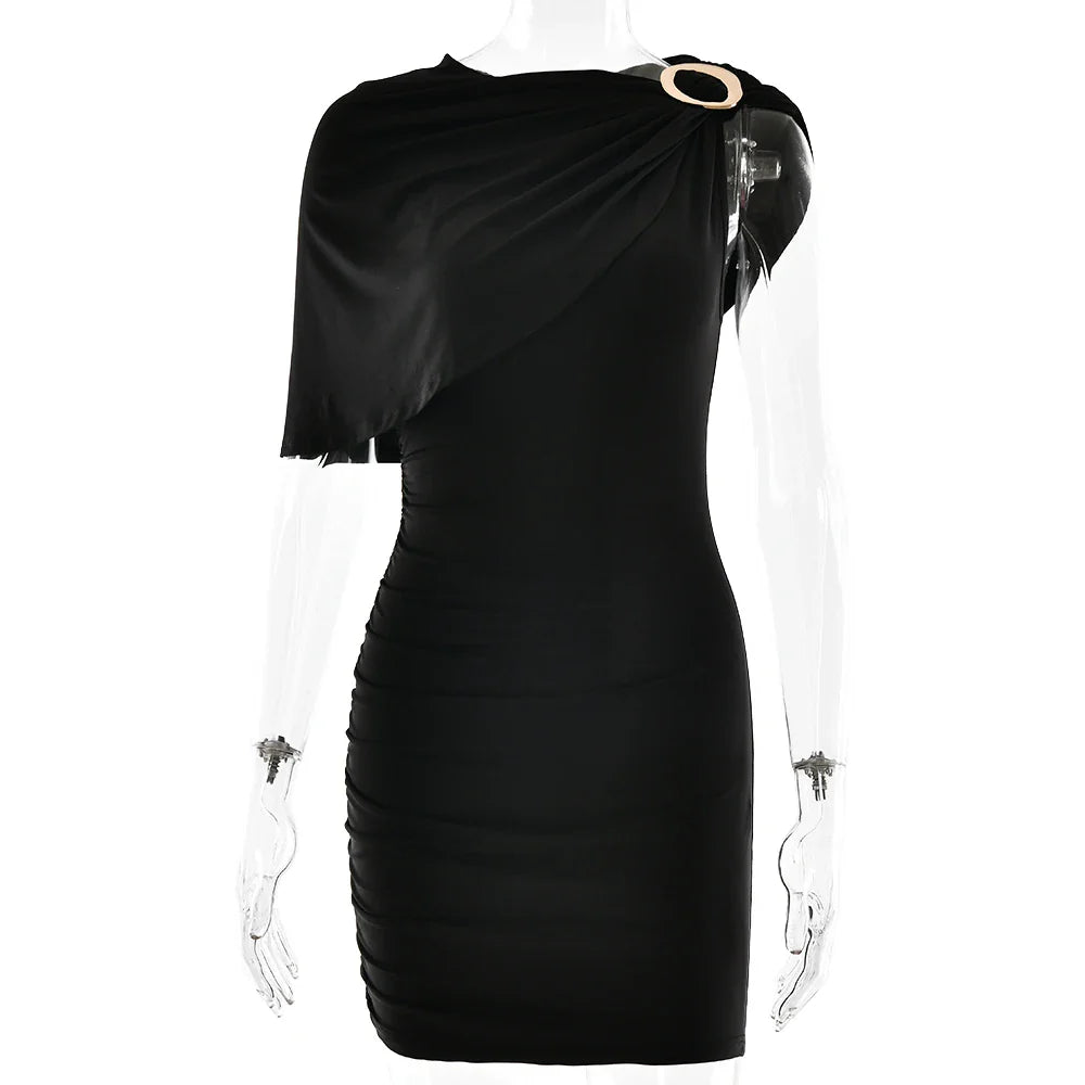Black one-shoulder dress on a mannequin with a white background