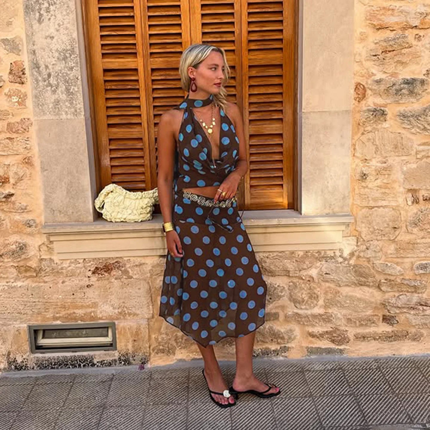 2-Piece Polka Dot Skirt Set | V-Neck Tank & Mesh Skirt