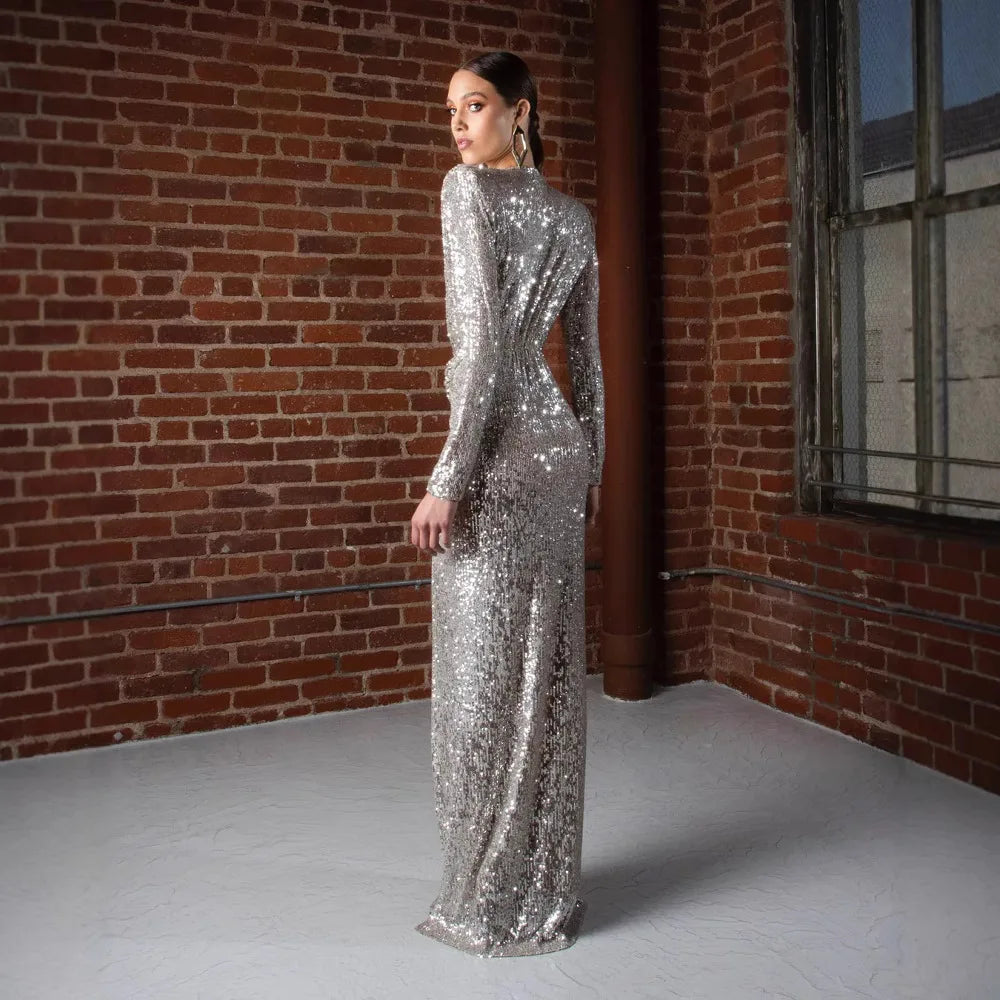 Silver Sequin Long Sleeve Deep Neck Maxi Dress