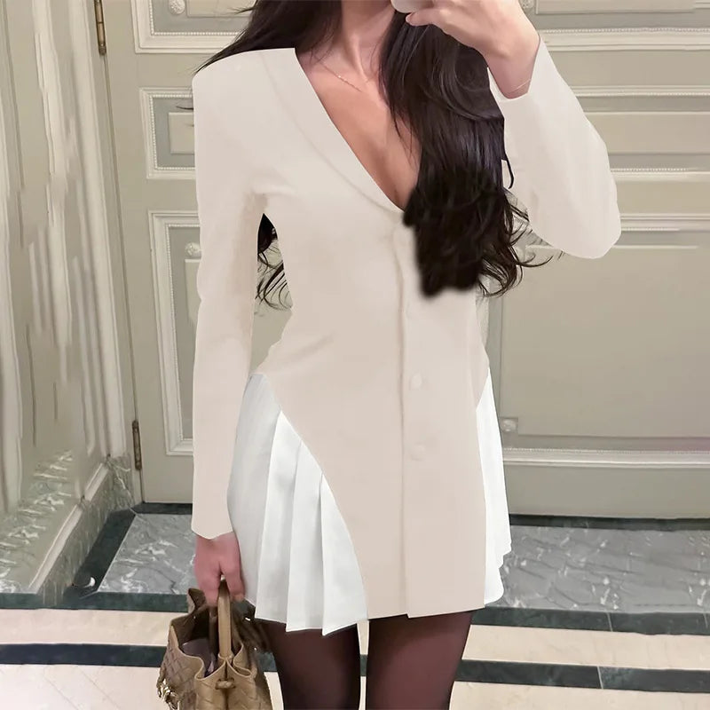 Contrast Pleated Patchwork Long Sleeve Mini Dress