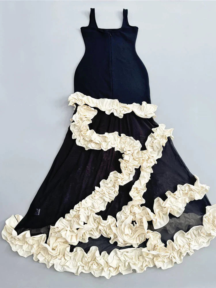 Black Sling Ruffles Patchwork Dress | Spaghetti Strap Maxi Gown