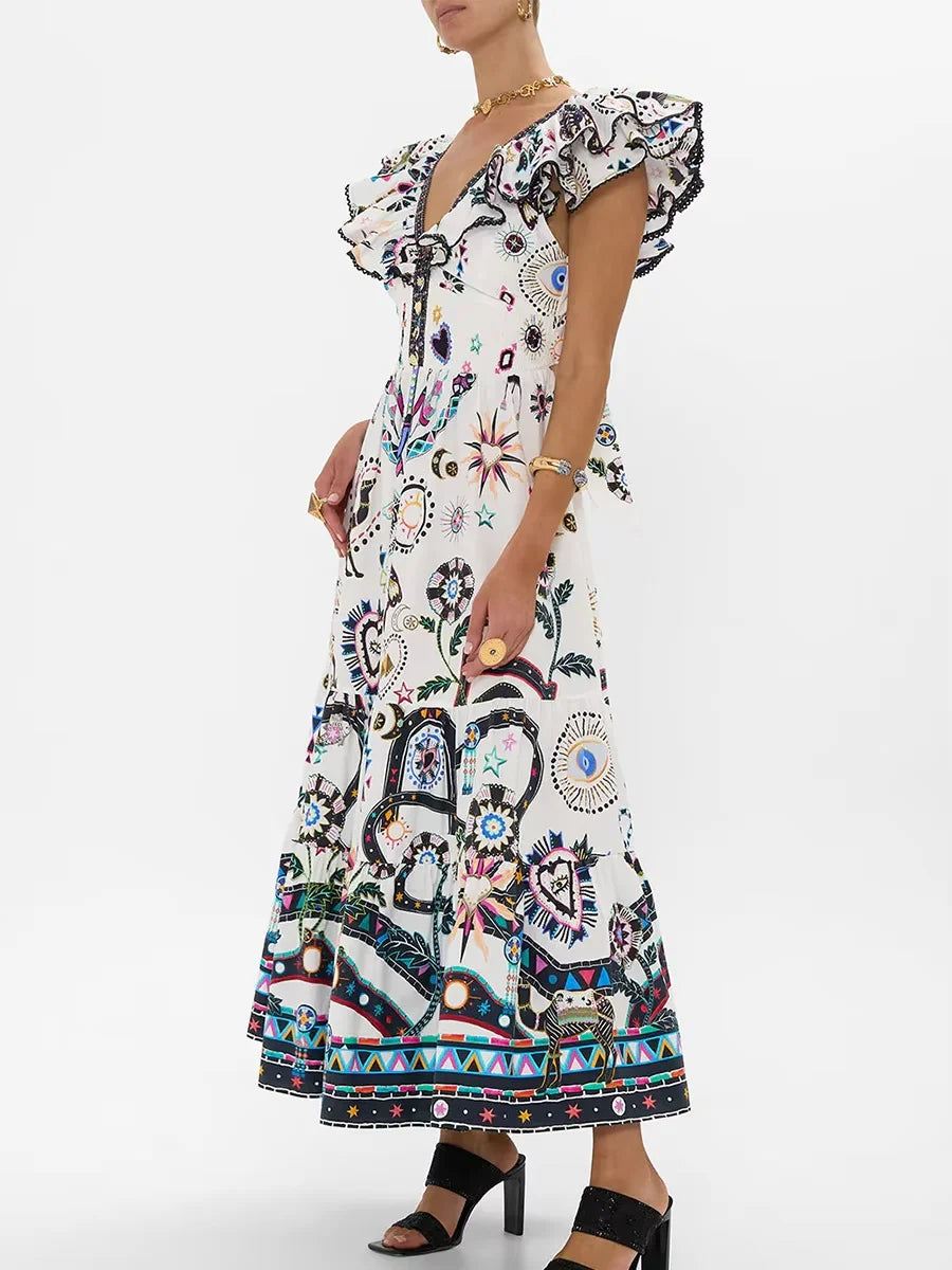 Printed Ruffles Strap Maxi Dress