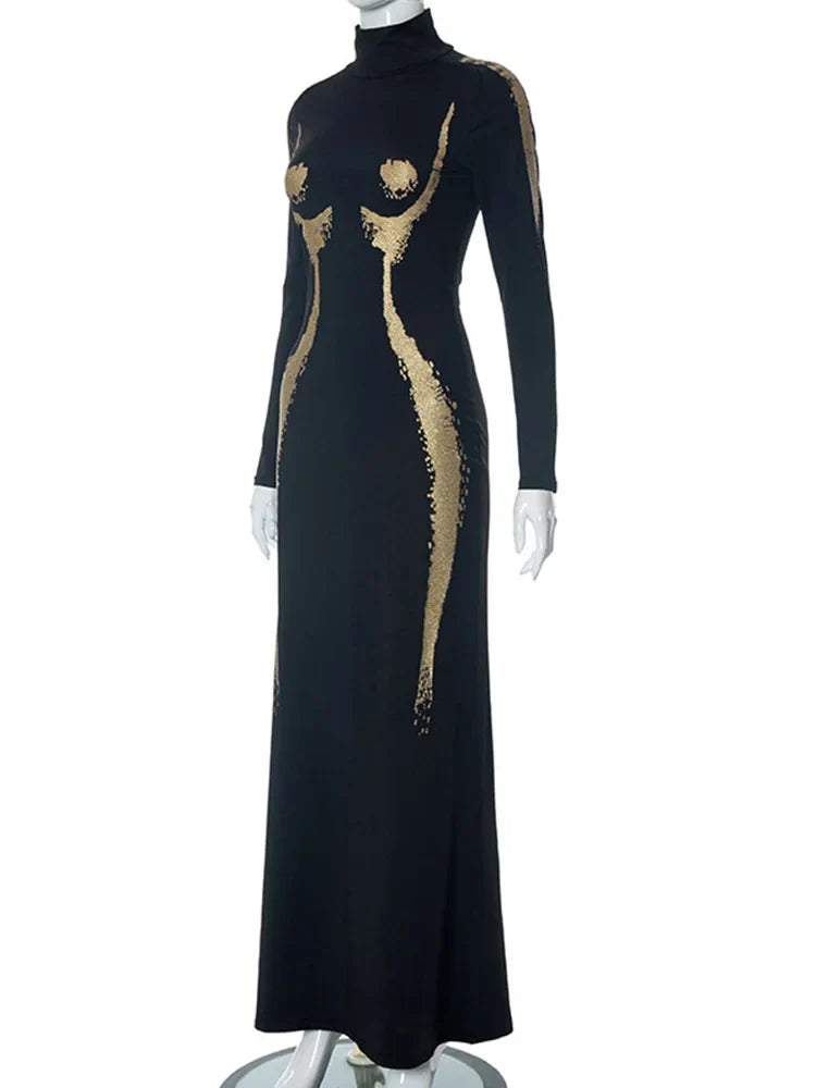 Black & Gold Human Body Illusion Maxi Dress – Luxe Turtleneck Gown
