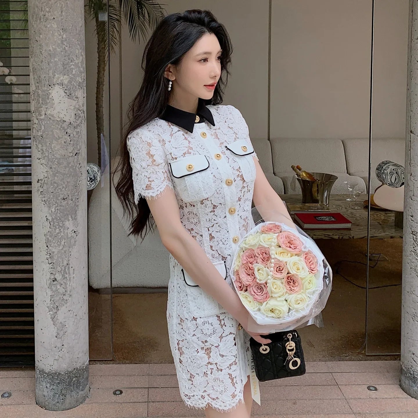 White Lace Short Summer Dress with Black Collar – Embroidered Fit & Flare Pocket Dress