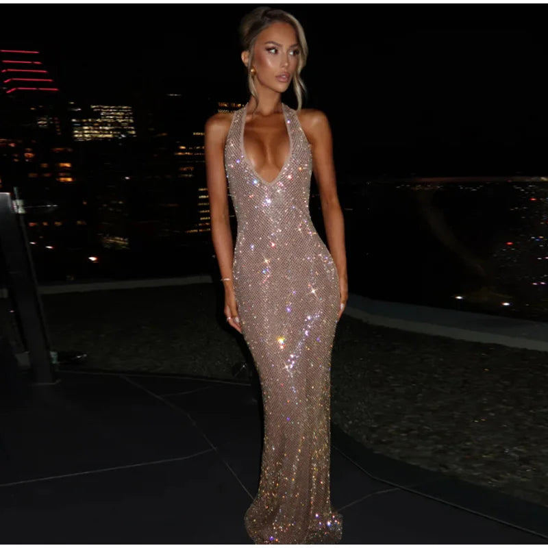 Deep V-Neck Sequin Fishtail Dress – Sleeveless Backless Beach Party Gown