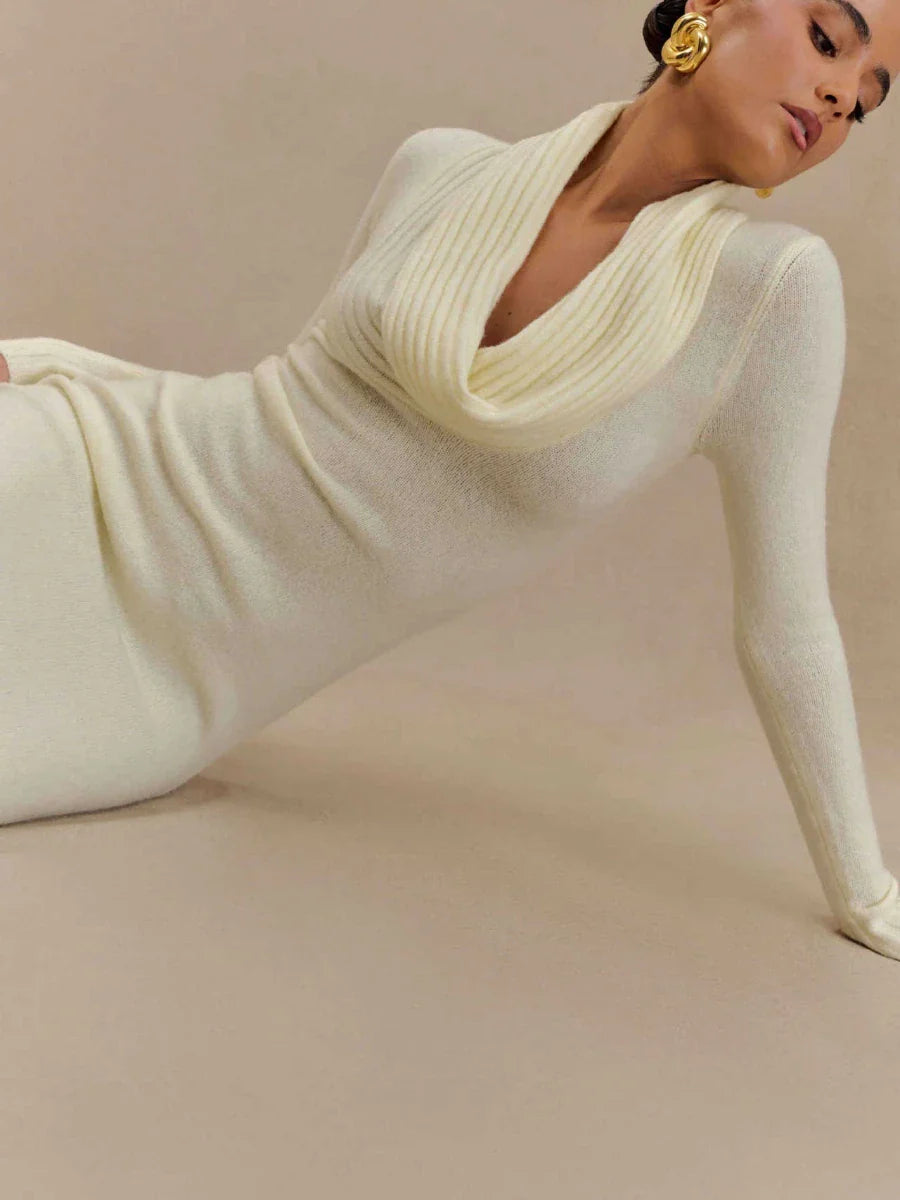 White Draped Cowl-Neck Knit Maxi Dress
