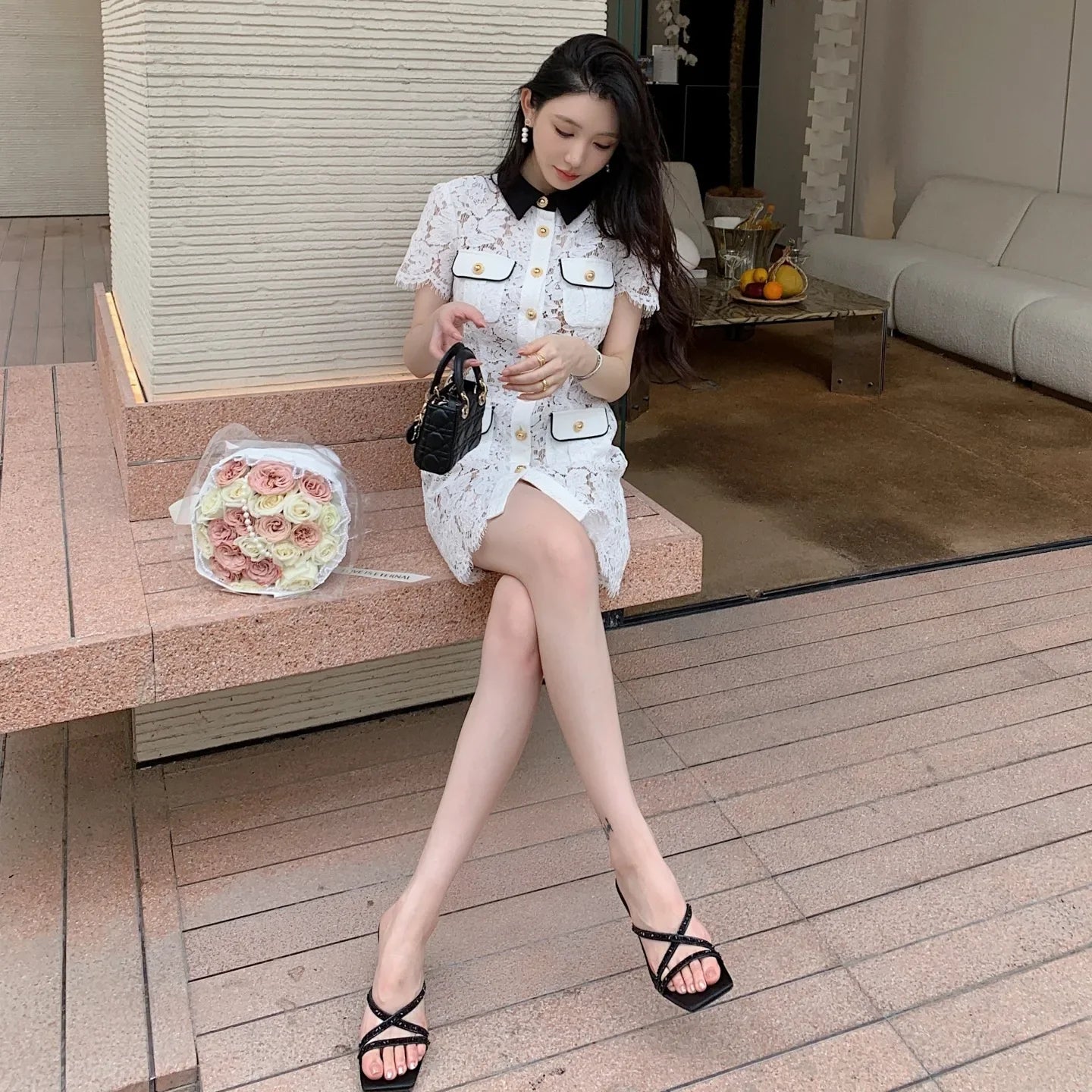 White Lace Short Summer Dress with Black Collar – Embroidered Fit & Flare Pocket Dress