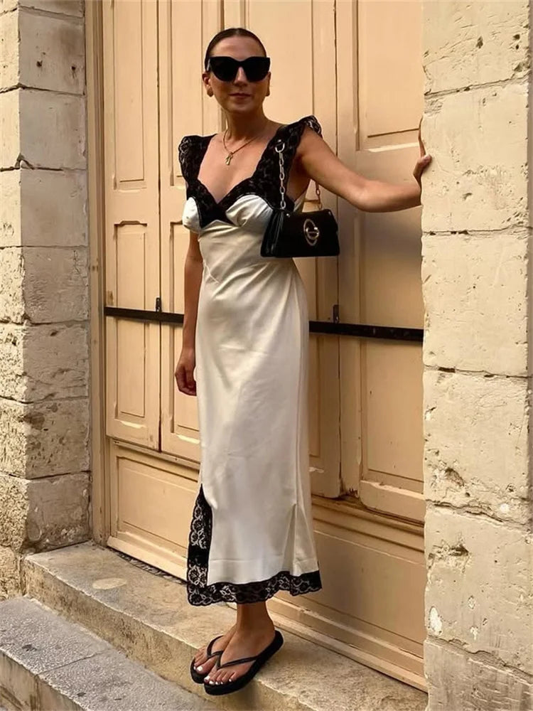 Patchwork Satin Lace Maxi Dress – Elegant V-Neck Evening Gown