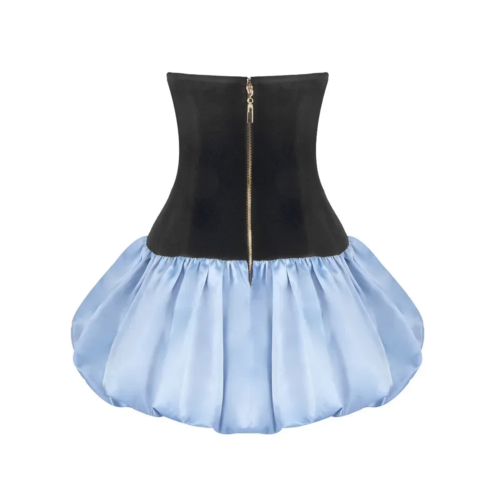 Velvet Bow Puff Hem Mini Dress | Blue Strapless Party Edit