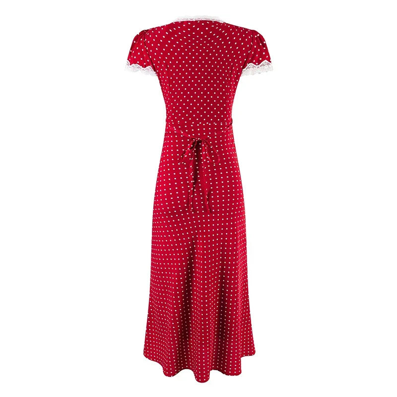 Red Polka Dot Midi Dress - Lace Trim V-Neck Holiday Robe