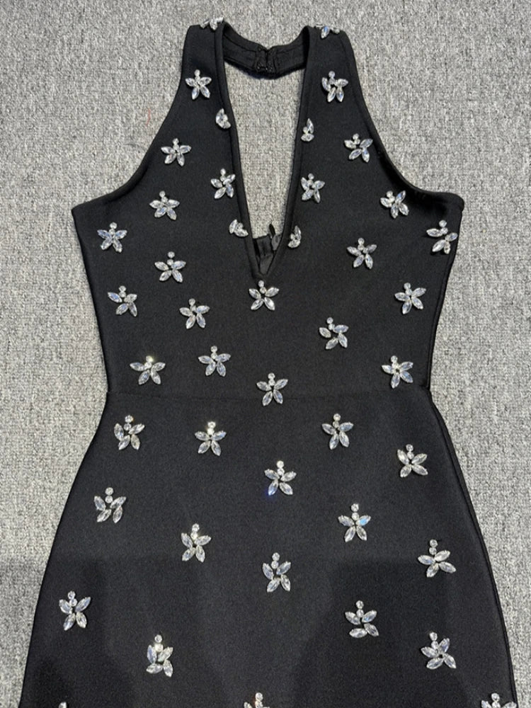 Black Halter Diamond Beaded Backless Gown