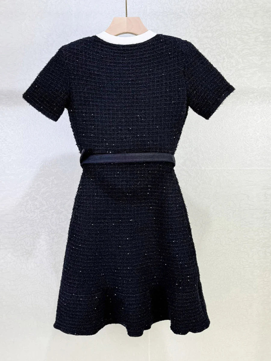 Embroidered Round Neck Short Sleeve Knitted Mini Dress