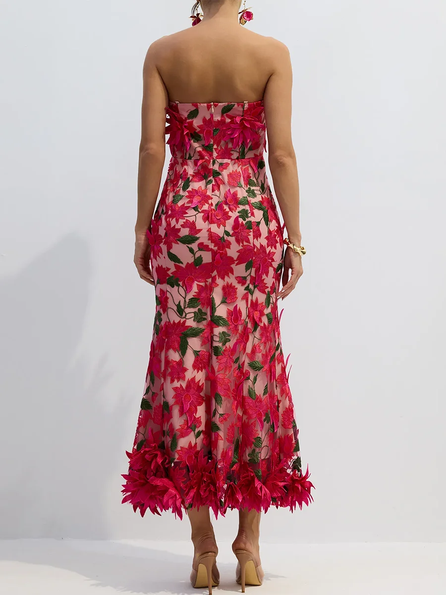 Pink Floral Embroidery Strapless Long Dress