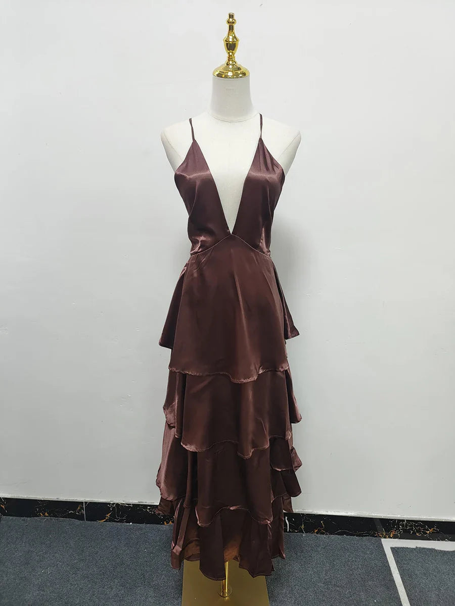 Burgundy Tiered Ruffle Maxi Dress | Deep V Sleeveless Party & Evening Wear
