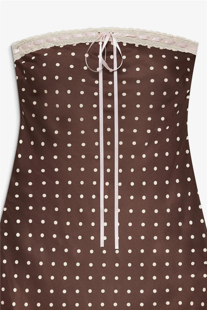 Strapless Polka Dot Lace Trim Midi Dress – Backless Bodycon Elegance