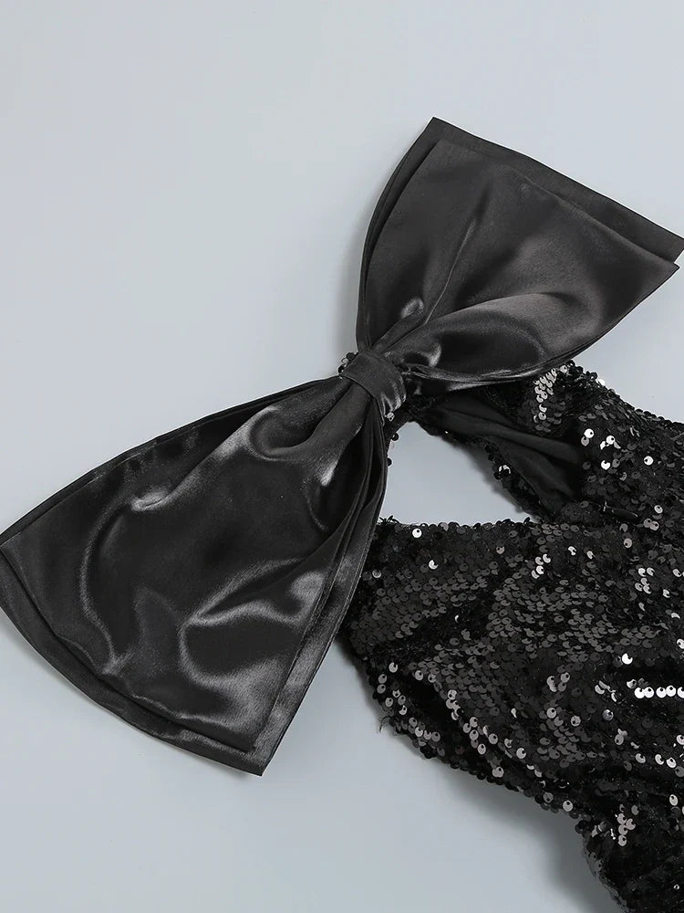 Black One-Shoulder Sequin Midi Dress with Bow Detail