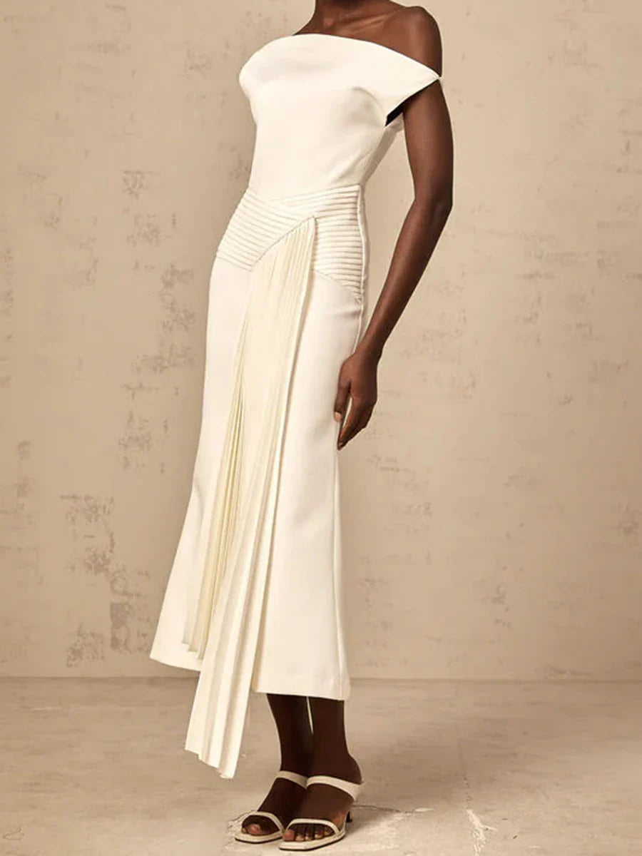 Diagonal Neck Midi Dress | Off-Shoulder Folded Elegance