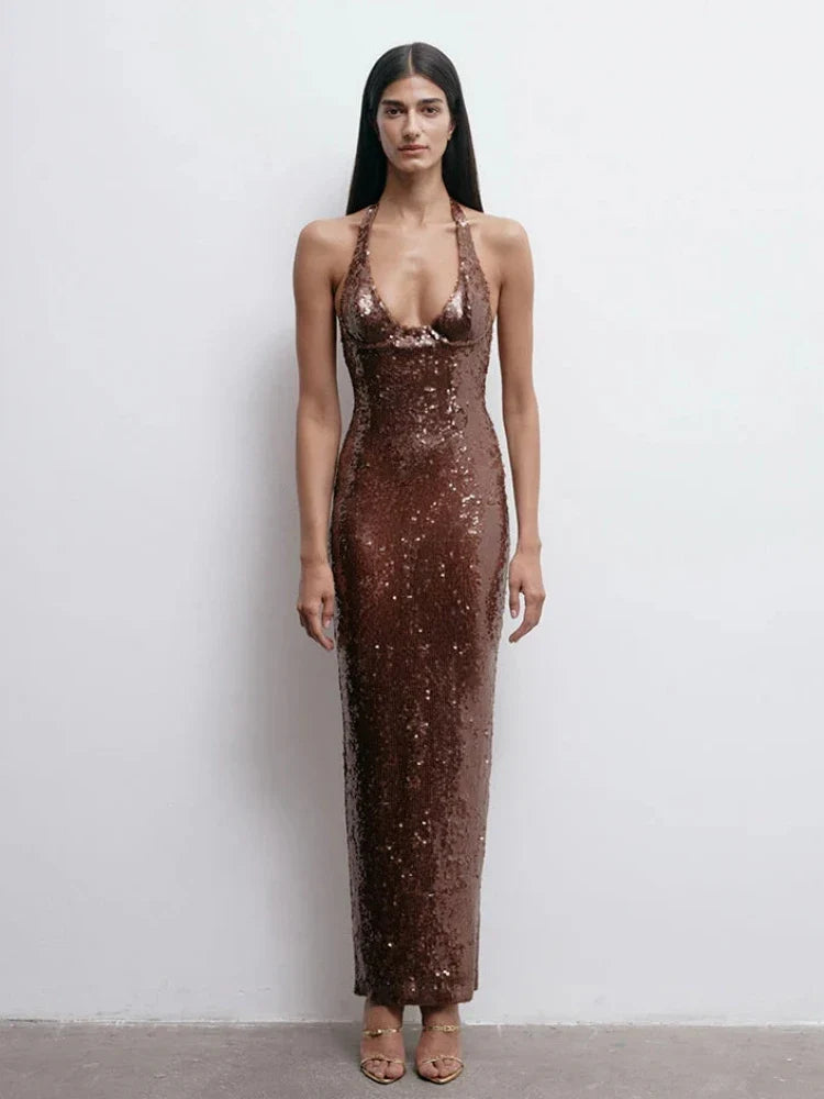 Brown Sequin Halter Neck Long Dress