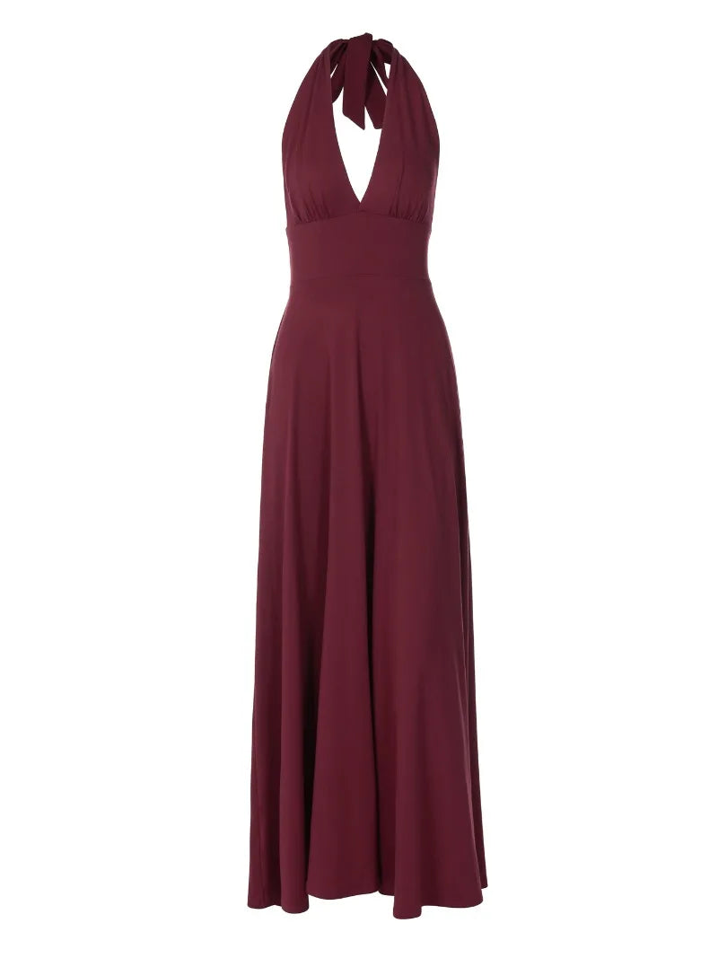 Burgundy Halter Backless Gown | Ankle-Length Party Elegance