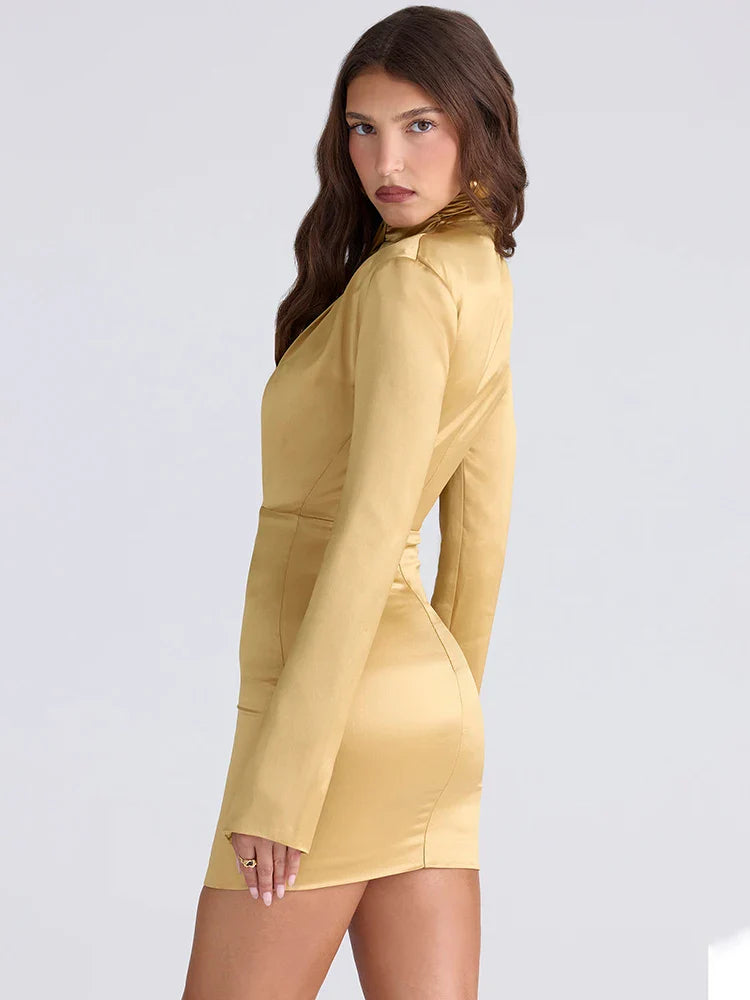 Gold Satin Long Sleeve Turtleneck Mini Dress
