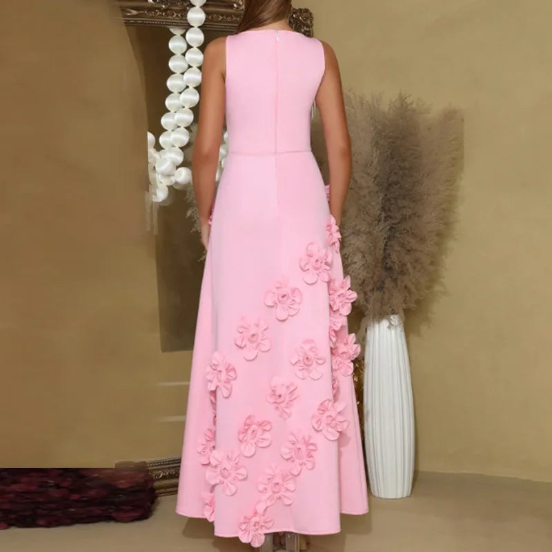 White Floral Embroidered Maxi Dress | Black 3D Flower Detail