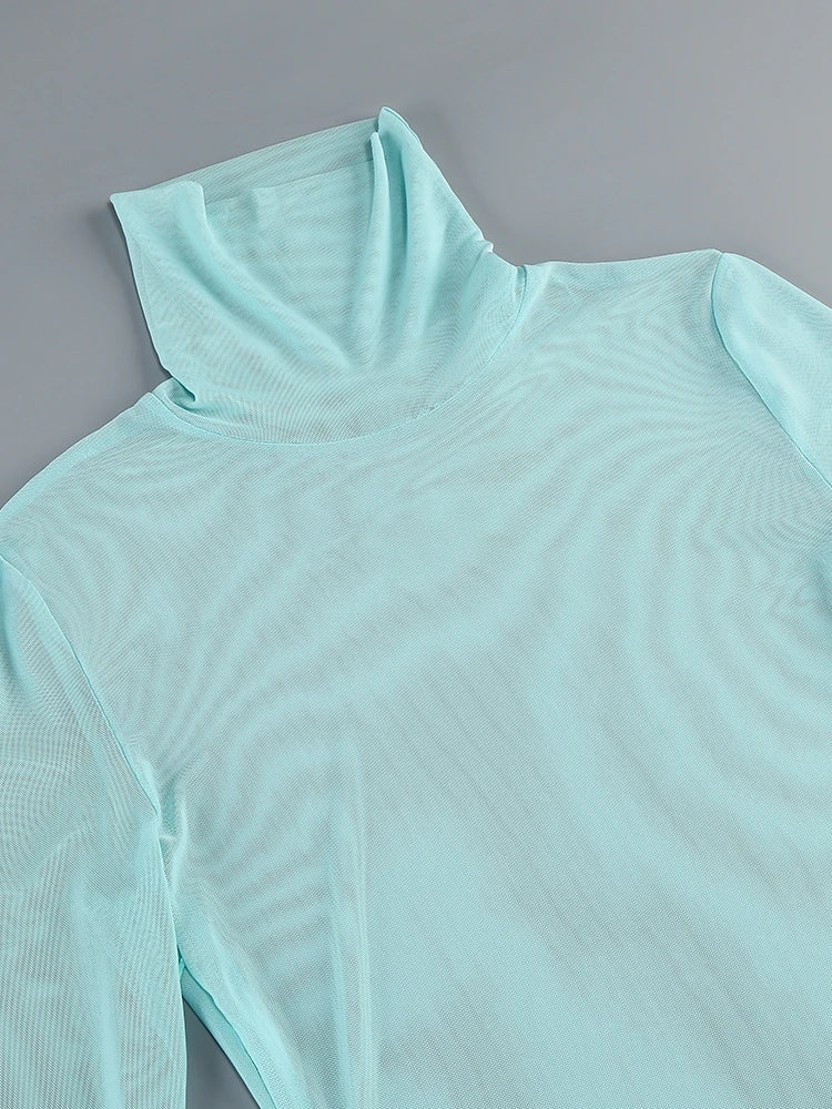 Turtleneck Ruffle-Cuff Mesh Patchwork Midi Dress