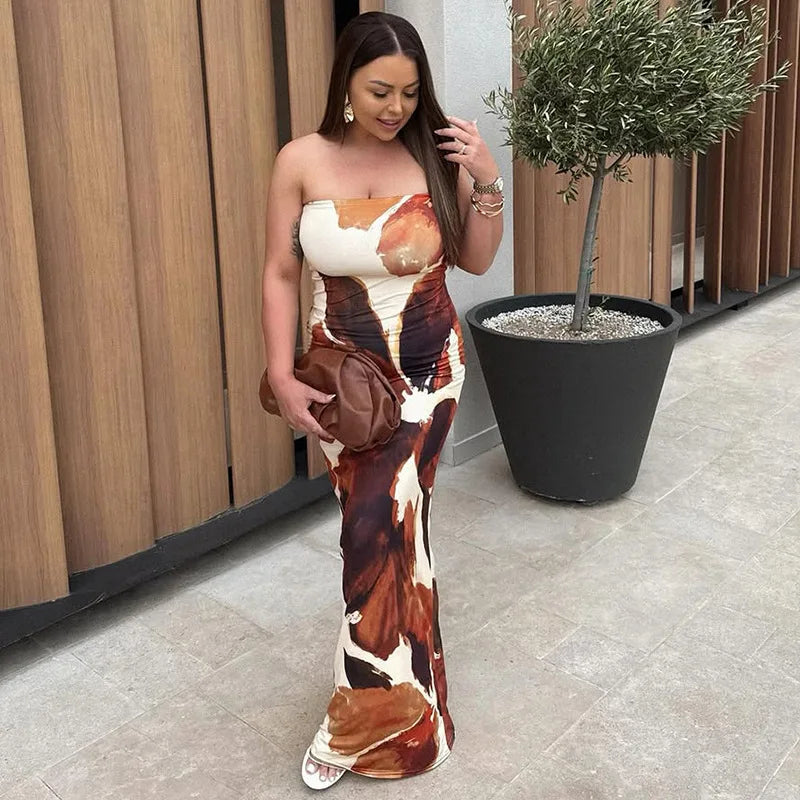 Elegant Strapless Abstract Print Maxi Dress