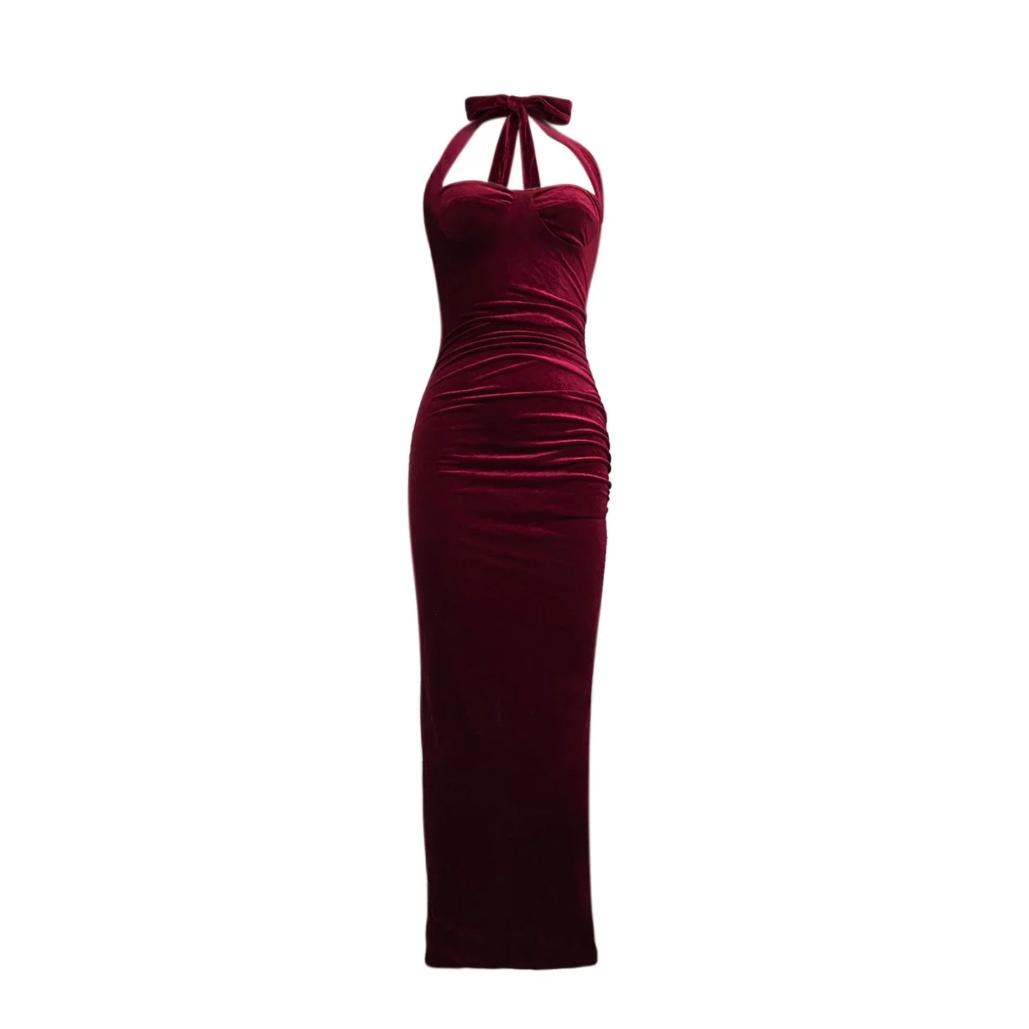 Burgundy halter neck dress on a white background