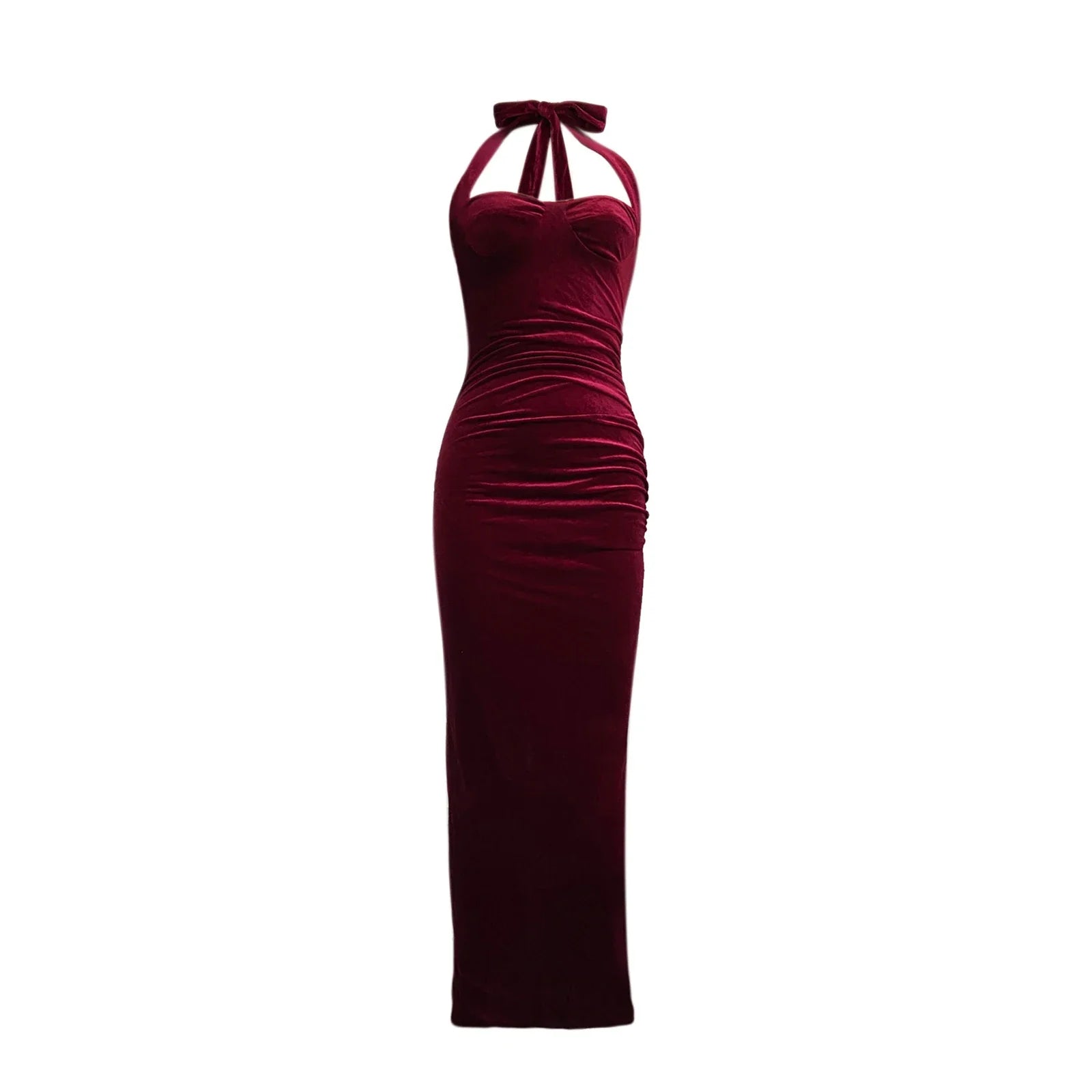 Burgundy halter neck dress on a white background