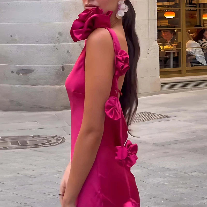 Pink Satin 3D Flower Strap Maxi Dress
