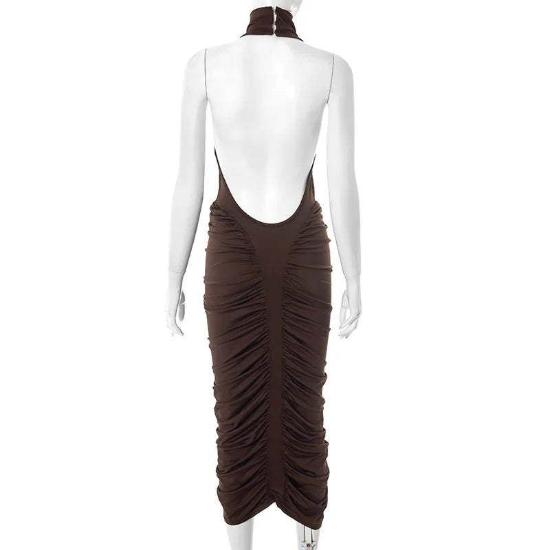 Brown Backless Ruched Dress | Sleeveless Night-Out Silhouette