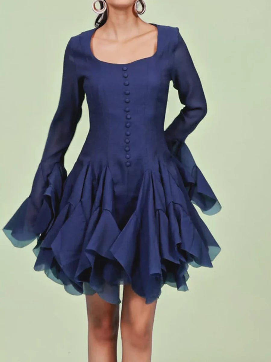 Royal Blue Ruffle Mini Dress with Long Sleeves