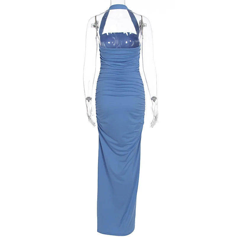 Blue Pleated Halter Maxi Dress | Elegant Summer Party Edit