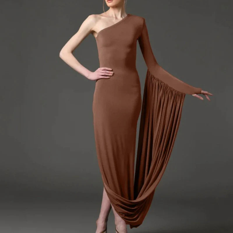 Brown One Shoulder Drape Folds Maxi Dress