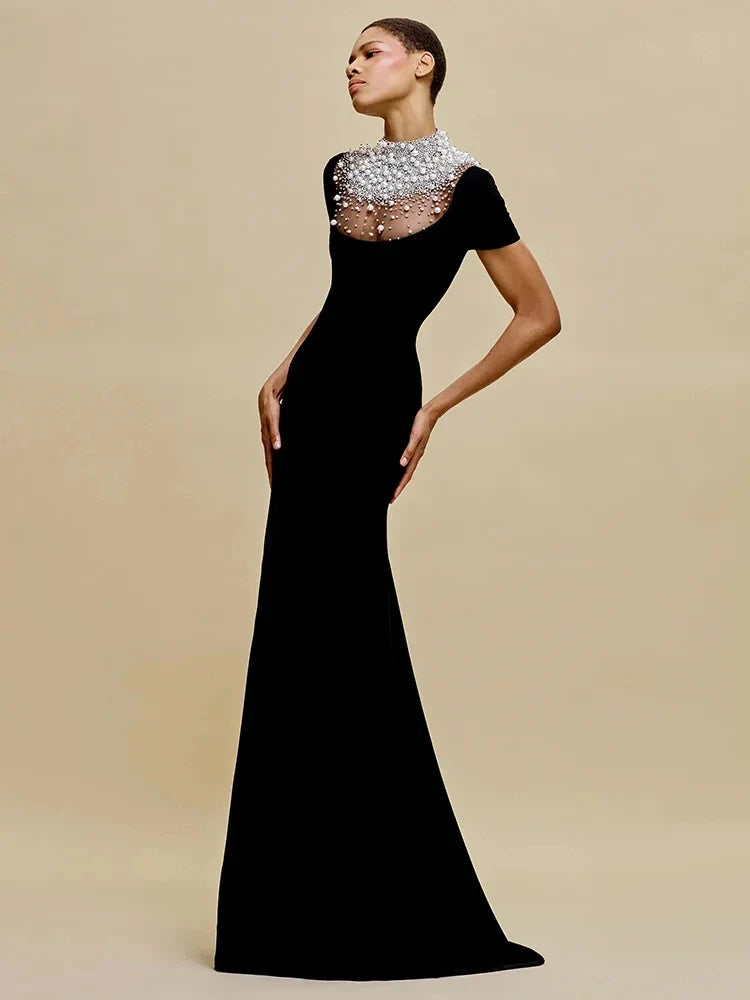 Velvet Rhinestone Pearl Embellished Black Long Dress