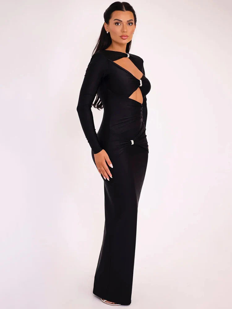 Elegant Hollow Out Long Sleeve Maxi Dress