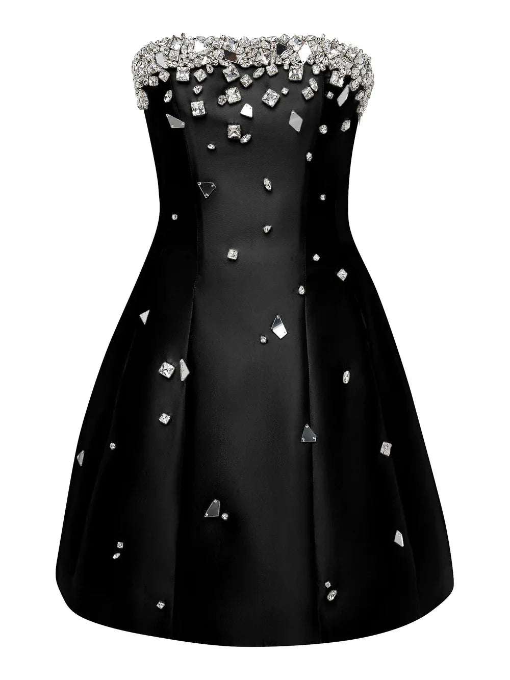 Black dress with silver embellishments on a white background