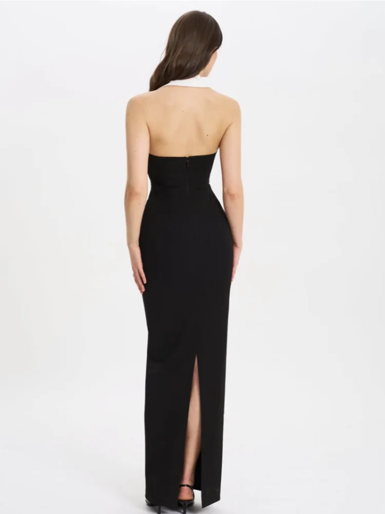 Black Contrast V Neck Button Bandage Maxi Dress
