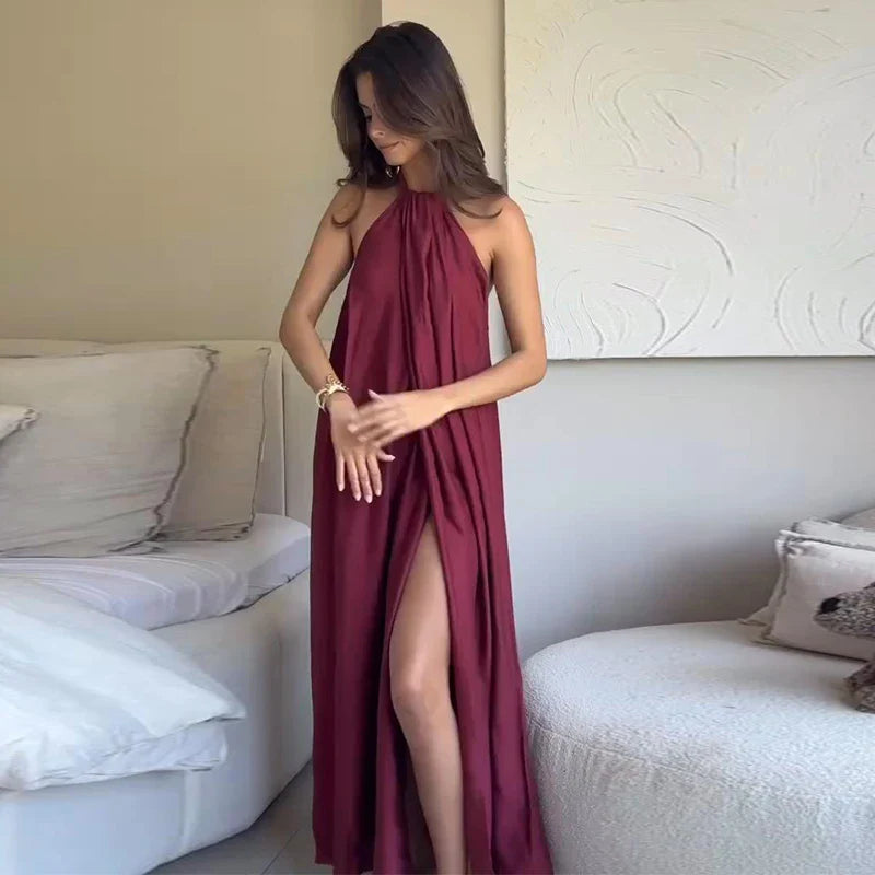 Burgundy Halter Neck Backless Slit Dress – Elegant Loose-Fit Holiday & Beach Dress for Women