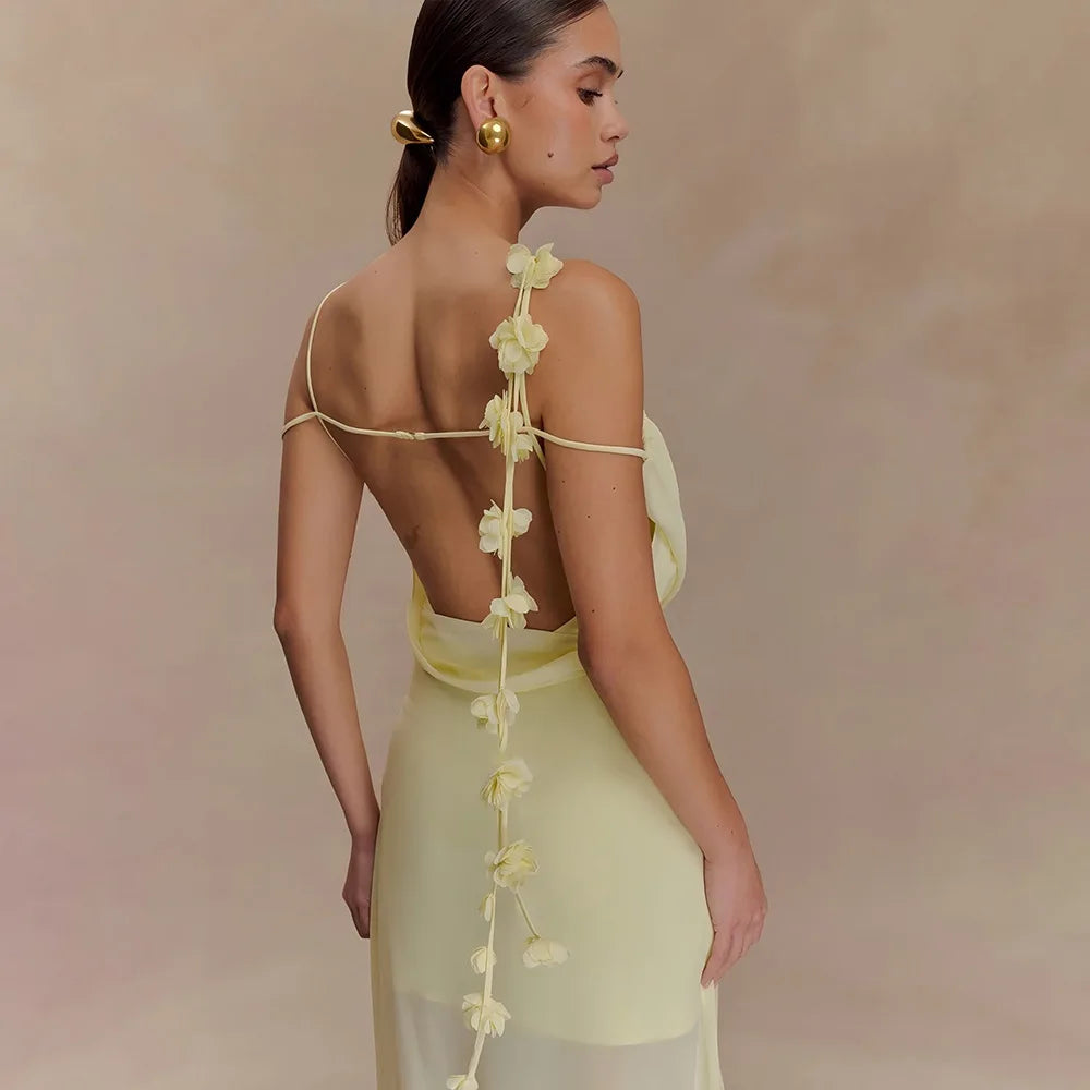 Solid Cowl Neck Chiffon Gown | Backless Tie-Flower Slip Dress