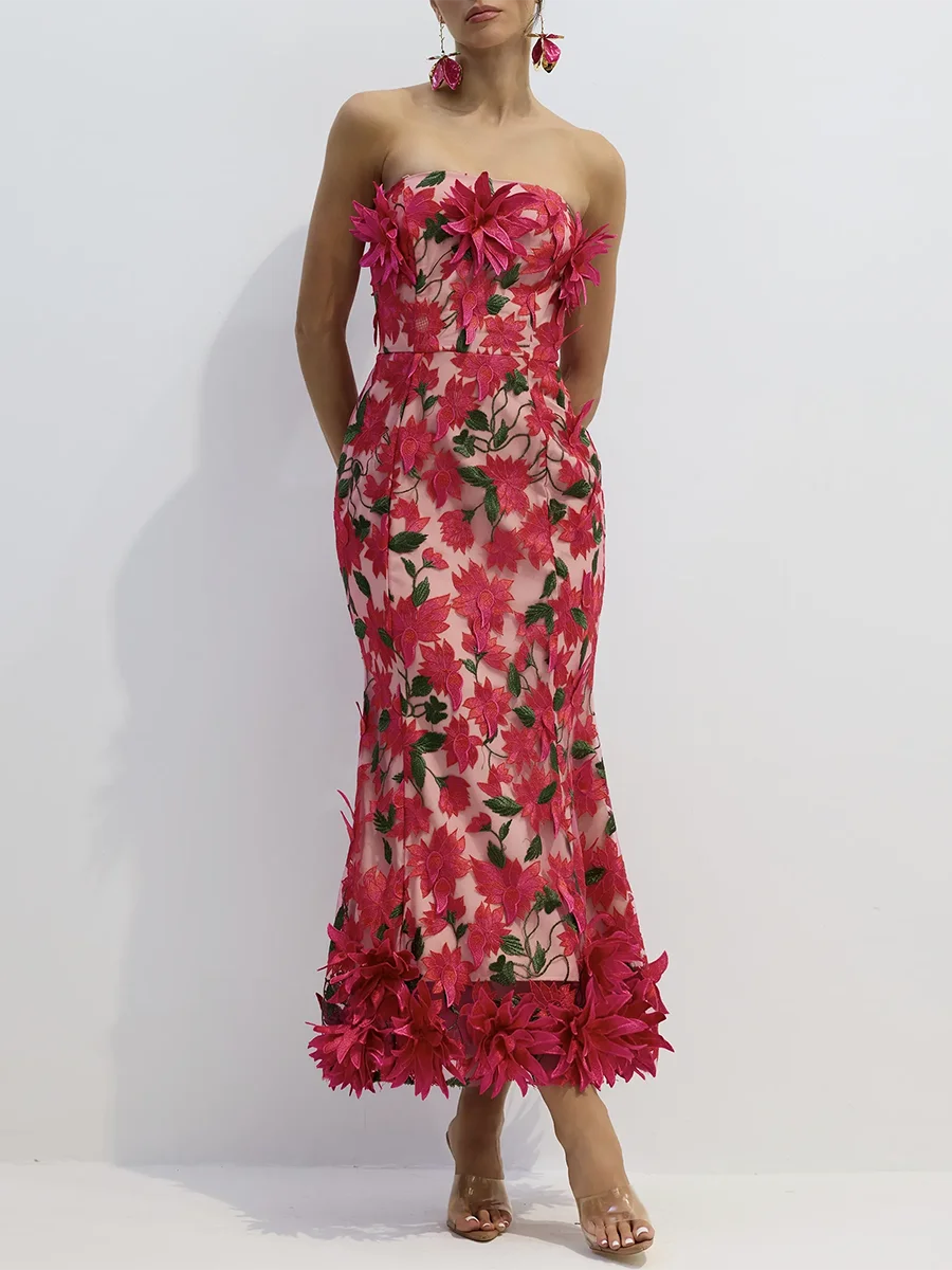 Pink Floral Embroidery Strapless Long Dress