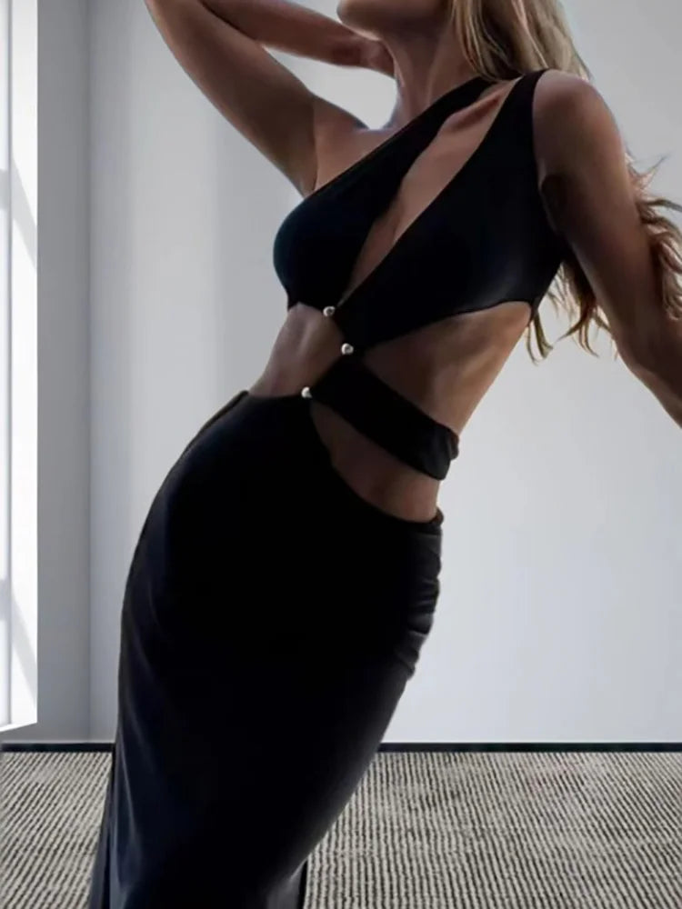 Black Cut-Out One Shoulder Maxi Dress – Summer Holiday Slim A-Line