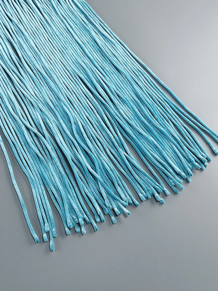 Blue Velvet Halter Fringe Gown with Braided Detail
