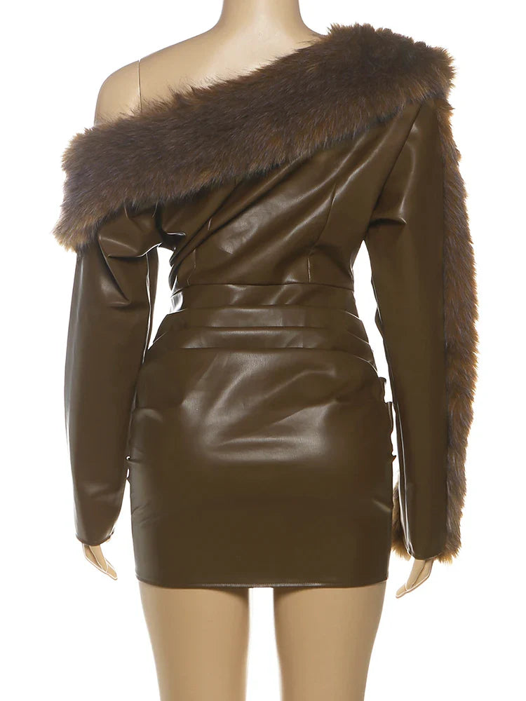 Beige Faux Leather Fur Mini Dress | Luxe Winter Statement