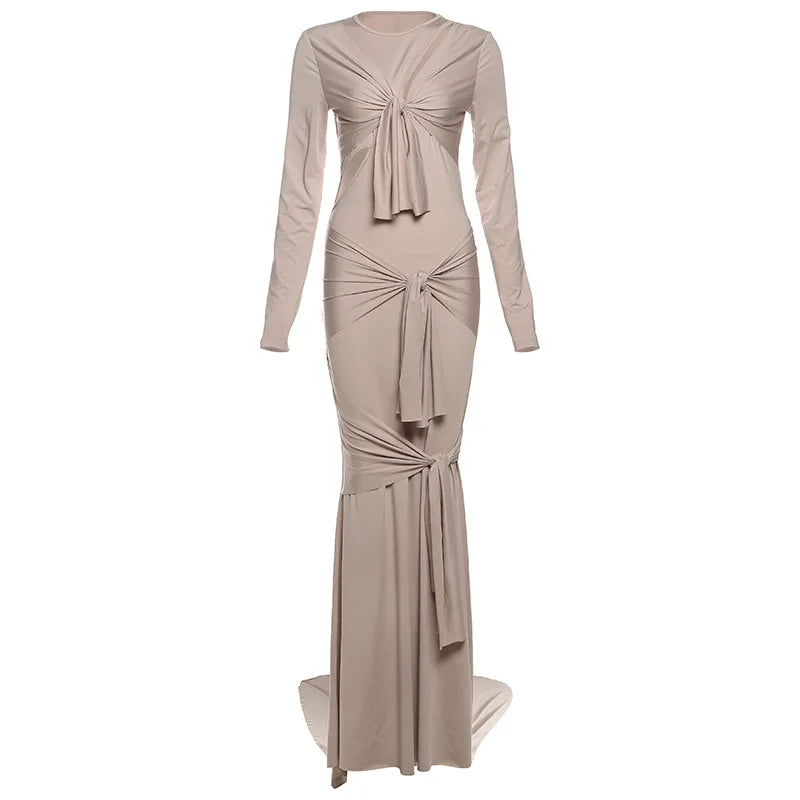 Beige long-sleeve dress with ruched design- front