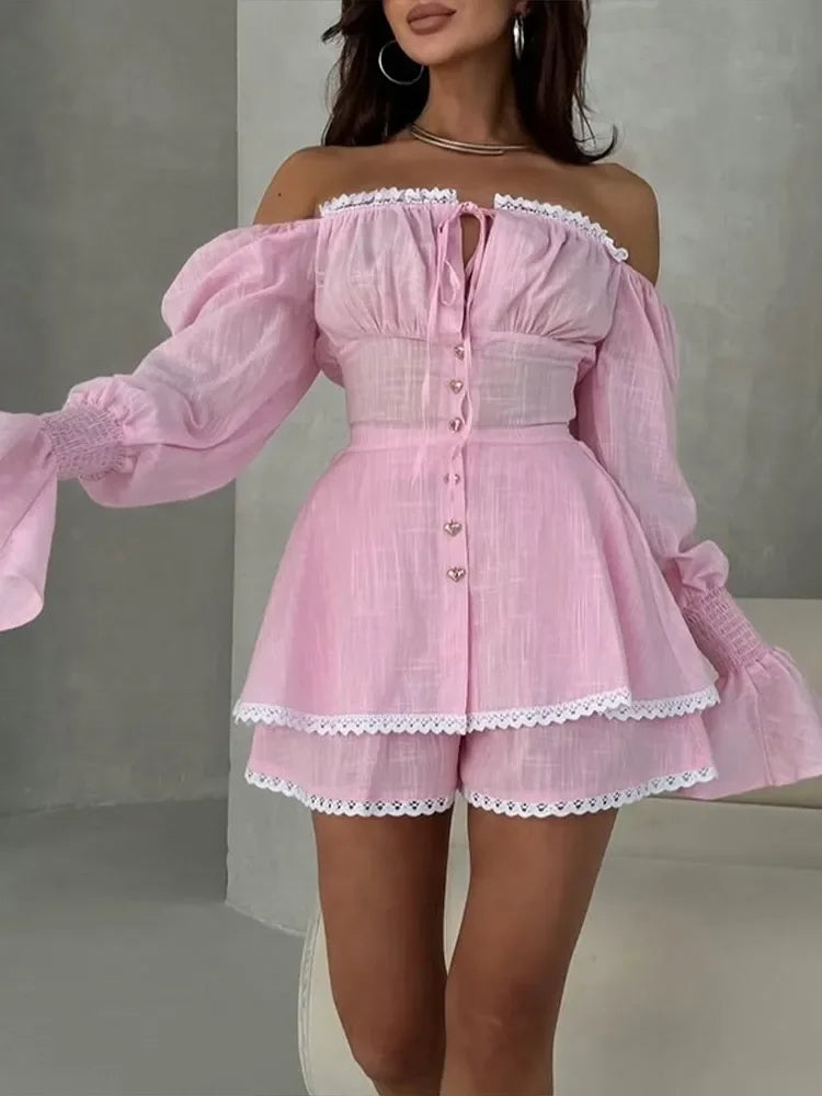 Off-Shoulder Lace Shorts Set |  Summer Co-Ord for Travel