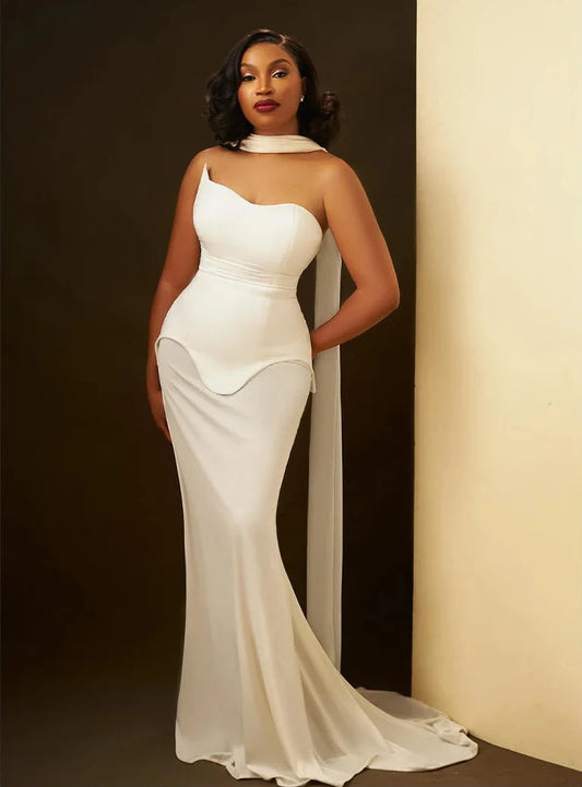Sculpted Asymmetric Strapless Draped Maxi Gown